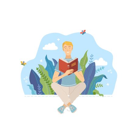 Young man reading book outdoor. Spending summertime weekend at nature with book vector illustration. Boy relaxing and studying in park. Literature hobby and happy lifestyle.のイラスト素材