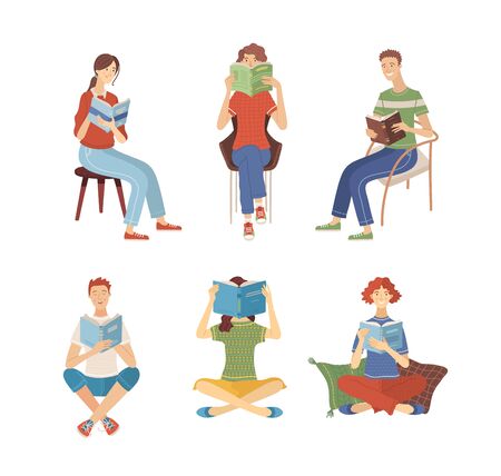 People reading books while sitting. Happy young men and women holding books characters in flat cartoon style. Students studying. Isolated vector illustrations. Set of literary fans.のイラスト素材