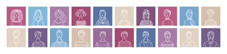 Linear people portraits set. Vector user avatars. Outlined minimalistic icons. Men and women portraits set. People profile pictures. Cartoon avatars for game, internet forum, or web accountのイラスト素材