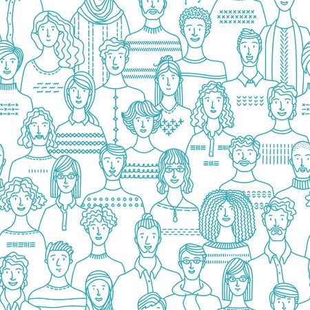 Diverse people group. Linear crowd textile, fabric, wrapping paper, wallpaper mono color vector design. Blue and white illustration of various men and women. Vector contour design.のイラスト素材