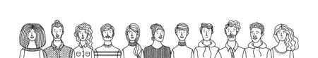 Multicultural smiling adult men and women standing together. International community concept with diverse people outline vector illustration. Multiethnic group of happy people. Cultural and religion equality.のイラスト素材