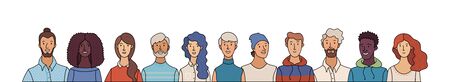 Group portrait of diverse people. Smiling men and women standing together. Web banner with happy students or work team. Flat cartoon vector multi-ethnic poster. Caucasian, African, Asian, Muslimのイラスト素材
