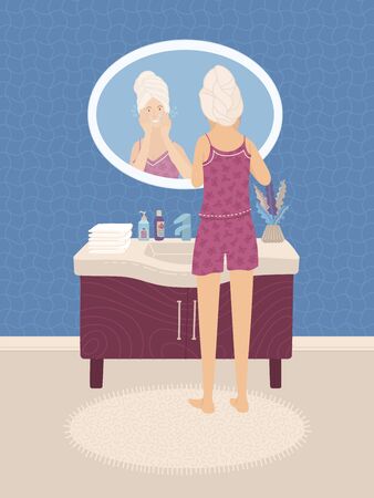 Young woman in underwear looking in the mirror in bathroom. Girl washing her face and cleansing skin. Daily skincare routine. Cartoon colorful vector illustration.のイラスト素材