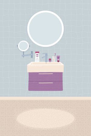 Cartoon bathroom interior background. Sink, faucet, mirror, closet, home decorations, carpet, toothbrush, and hygiene items. Flat colorful vector illustration.
のイラスト素材