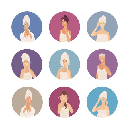 Beautiful young women in towel, pajama, underwear, and bathrobe. Take care of skin. Cleaning, washing, moisturizing, beauty mask cartoon characters. Flat vector illustrations in circles color drawingsのイラスト素材