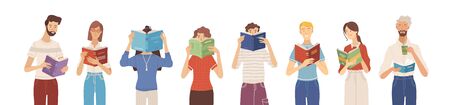 People reading books banner. Happy young men and women holding books and standing in a row. Students studying and preparing for exams. Vector illustration in flat cartoon styleのイラスト素材