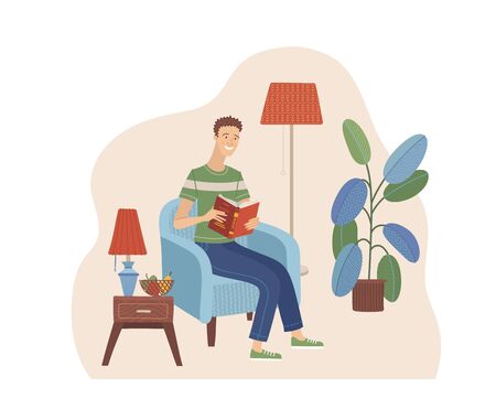 Young man reading book in armchair. Stay at home concept. Happy boy relaxing with book in cozy room interior vector illustration in flat style. Literature hobby and happy lifestyle. Distance educationのイラスト素材