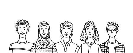 Multicultural adult men and women standing together. International community concept with diverse people outline vector illustration. Multiethnic group of people. Cultural and religion equalityのイラスト素材