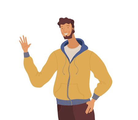 Smiling man, guy waving hand flat vector illustration. Positive emotion, greeting gesture. Posing young boy, adult man in casual clothes cartoon character isolated on white backgroundのイラスト素材