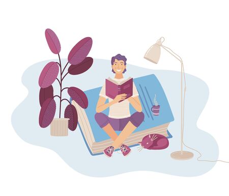 E-learning web banner flat illustration. Book lover, student learning, public library, books reading, remote education poster design.のイラスト素材