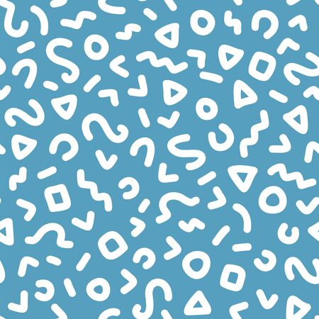 Memphis seamless pattern. Trendy 80-90s. Irregular white dashes, swirls, zigzags, circles hand-drawn texture. Freehand shapes line art.のイラスト素材
