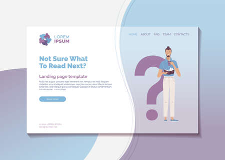 Not sure that to read next? Professional reading guide landing page template. Young man with coffee cup and book vector illustration. Literary recommendation and book reviews. Intellectual developmentのイラスト素材