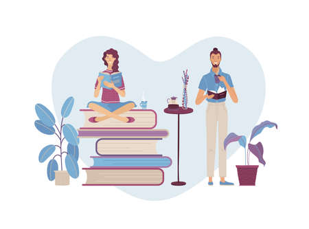 People reading books composition. Girl reading book while sitting on stack of giant books. Guy enjoying with book and cup of coffee. Smiling students studying vector illustration in cartoon style.のイラスト素材