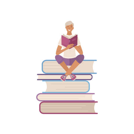 Young man reading book while sitting on stack of books. Student studying with textbook vector illustration. Boy relaxing with book isolated on white background. Literature hobby and happy lifestyleのイラスト素材