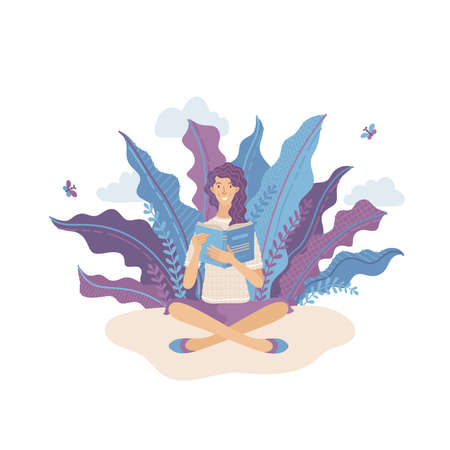 Young smiling woman reading book outdoor. Spending summertime weekend at nature with book vector illustration. Satisfied girl relaxing and studying in park. Literature hobby and happy lifestyle.のイラスト素材