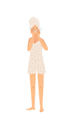 Young woman wearing pajama taking care of her skin. Cute girl washing her face and cleansing skin. Daily skincare routine. Start and end of day. Cartoon happy girl. Flat character on white backgroundのイラスト素材