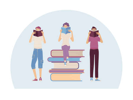 Literary bookstore or book festival concept with reading people. Young man and woman reading books while sitting or standing. Interested students study in library cartoon vector illustration.のイラスト素材
