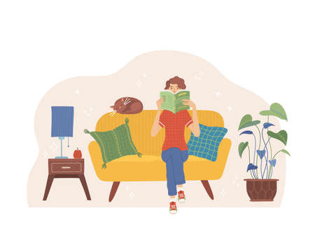 A woman is sitting on a sofa and reading a book. Girl is preparing for the exam with open book in her hands. Reading hobby concept. Flat vector illustration. Room interior designのイラスト素材