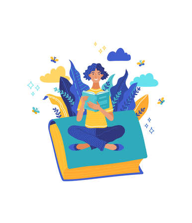 Woman sits on book and holds an open book in her hands. Book lover and romantic literature fan character. Library poster concept. Vector web banner templateのイラスト素材