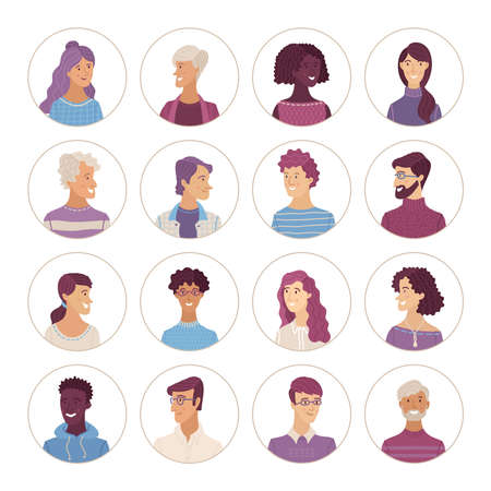 Happy multicultural students avatars set. Smiling adult men and women profile pictures. Cute diverse human face icons for representing person vector illustration. User pic for web forum or account.のイラスト素材