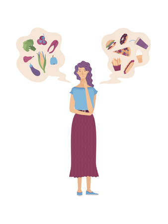 Young woman choosing between healthy fresh food and unhealthy fast food flat cartoon vector illustration. Fish, fruits, vegetables or fries, donut, pizza, burger, hotdog.  Junk food vs balanced mealのイラスト素材