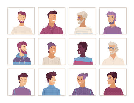 Vector men portraits set. Flat face icons of various nationalities. European, African American, Asian, Latin American. Blonde, brunette, gray hair, young, aged. Avatars for account, game, or forum.のイラスト素材