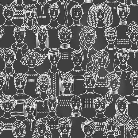 Chalk seamless pattern of diverse people group. Linear crowd boundless background with various men and women. Social community vector outline illustration. Black and whiteのイラスト素材