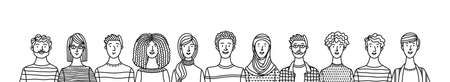 Group portrait of diverse people. Smiling men and women standing together. Web banner with happy students or work team. Outline cartoon vector multi-ethnic poster. Caucasian, African, Asian, Muslimのイラスト素材