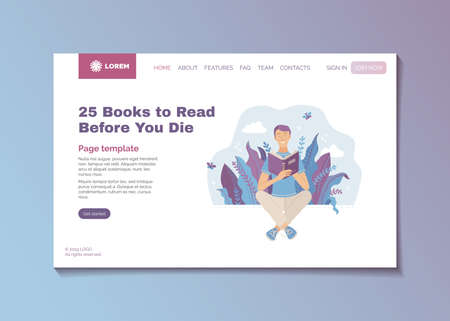 25 books to read before you die concept. Bestsellers and masterpieces guide landing page template. Young smiling man reading book outdoor vector illustration. Literary club review, bookstore blogging.のイラスト素材