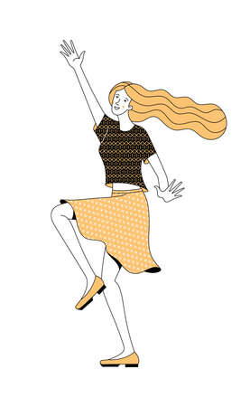 Picture of cheerful active young blonde female character with long hair and yellow skirt raising hand on white background as power of positive thinkingのイラスト素材