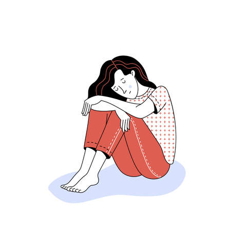 Upset long haired young woman character sitting on white background as illustration of mental disorder psychotherapy concept loneliness and depressionのイラスト素材