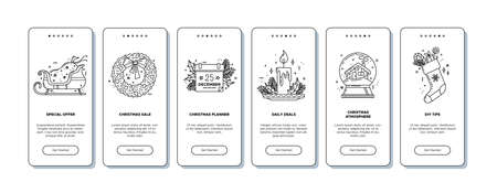 Christmas onboarding screens monocolor user interface. Christmas sale, daily deals, DIY tips, special offer. Mobile applications vector template. New year concept. UI linear design. Editable stroke.のイラスト素材