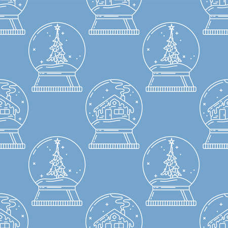 Snow globes with house and Christmas tree linear seamless pattern. Blue outline vector texture. Festive chalk cartoon wallpaper and wrapping paper designのイラスト素材