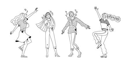 Collection of happy women enjoying music vector linear illustration. Flat duotone joyful female characters dancing at party. Music notes in the air. Cartoon good mood and positive thinking conceptのイラスト素材