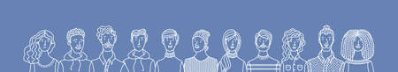 Multicultural group of happy people. Smiling adult men and women standing in row together. International community concept with diverse students vector outline illustration. Cultural and religion equality.のイラスト素材