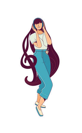 Happy active young woman character with treble clef in long loose hair listens to music with headphones on yellow background as life enjoying conceptのイラスト素材