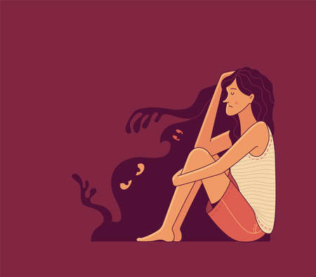Sad young female character sitting near silhouettes of spooky monsters on red background as illustration of mental disorder psychotherapy and paranoiaのイラスト素材