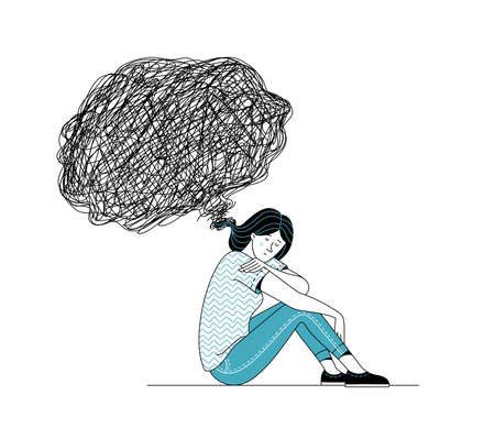 Sad woman sitting on floor. Black thinking bubble over her head. Overthinking, mental disorder psychotherapy, and loneliness flat concept. Vector cartoon illustration.のイラスト素材