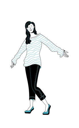 Happy young girl with black hair dancing on white background. Positive thinking and enjoying life concept. Vector flat black and blue illustration. Cartoon cheerful female characterのイラスト素材