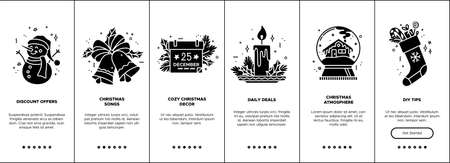 Vector Christmas onboarding screen templates with black glyph icons. New Year mobile app concept. UX, UI, GUI monocolor design. Discount offers, Christmas songs, cozy decor, daily deals, and DIY tipsのイラスト素材