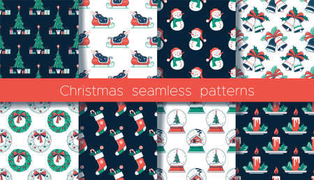 Christmas flat seamless patterns set. Color vector texture. Christmas tree and gifts, fireplace with socks,  snowman and wreath, snow globe with house. Cartoon wrapping paper, wallpaper designのイラスト素材