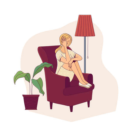 Crying young girl suffering from depression in armchair. Mental health and anxiety flat concept. Cartoon vector loneliness female characterのイラスト素材