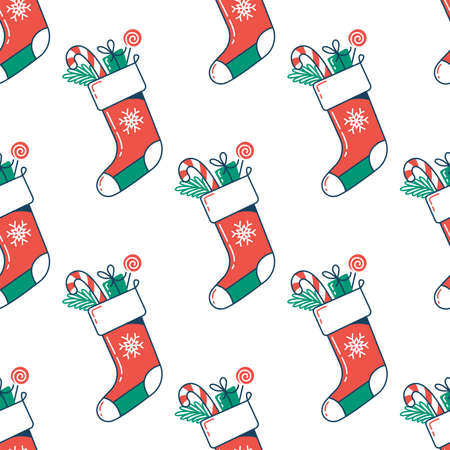 Santa sock with gifts and candy cane flat seamless pattern. Christmas color vector texture. Festive cartoon wrapping paper designのイラスト素材