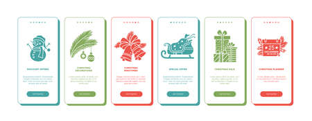 Christmas onboarding vector template with color glyph icons. Mobile app page screens. Color flat concepts. New year illustrations. UI design. Christmas decorations, special offers, sale, plannerのイラスト素材
