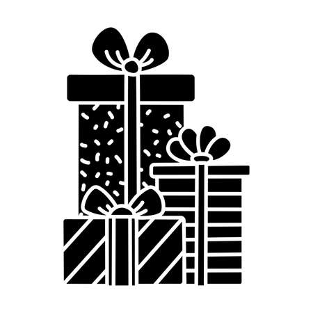Set of gift boxes black glyph icon. Christmas packages. Silhouette on white background. Negative space. Flat pictogram. Vector isolated illustration. Duotone solid symbol. Pixel perfectのイラスト素材