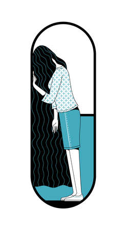 Stressed long haired woman standing inside large pill. Mental disorder, psychotherapy and drug addiction flat concept. Cartoon vector illustrationのイラスト素材