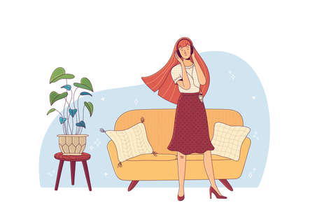 Young woman with headphones listening to music and enjoying life in room at home on light blue background. Cartoon colourful concept of positive thinking and good mood. Flat vector concept of positive thinking and mental balanceのイラスト素材