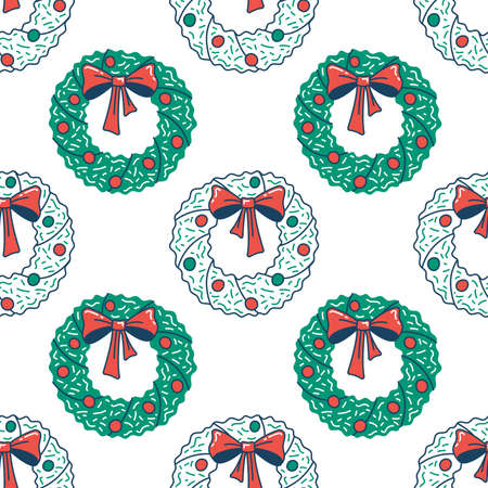Christmas wreath with bow flat seamless pattern. Green and red vector texture. Festive cartoon wrapping paper designのイラスト素材