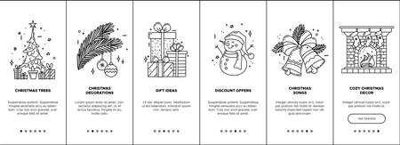 Christmas onboarding vector template with editable linear icons. Mobile app page screens. Monocolor outline concept. Christmas tree, decorations, gifts, cozy decor, songs, discount offers. UI designのイラスト素材