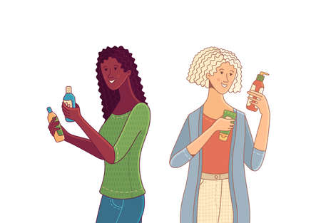 Three woman holding cosmetics in their hands. Smiling female characters choosing between two skincare products. Elder woman and Afro-American. Comparing shampoo, cream, or lotion flat conceptのイラスト素材
